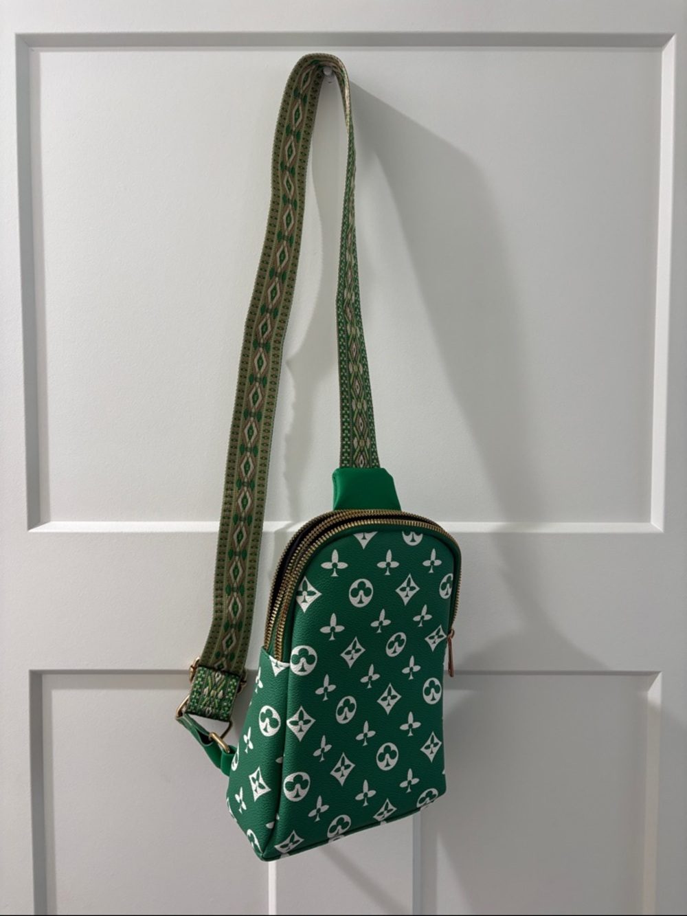 Green Monogram Pattern Crossbody Sling Bag